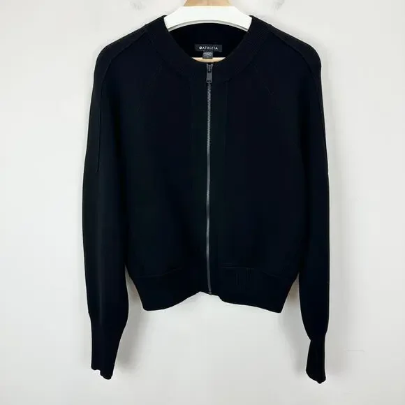 NEW Athleta Sequoia Zip Up Sweater Cardigan Bomber Long Sleeve Black Medium - Picture 4 of 13